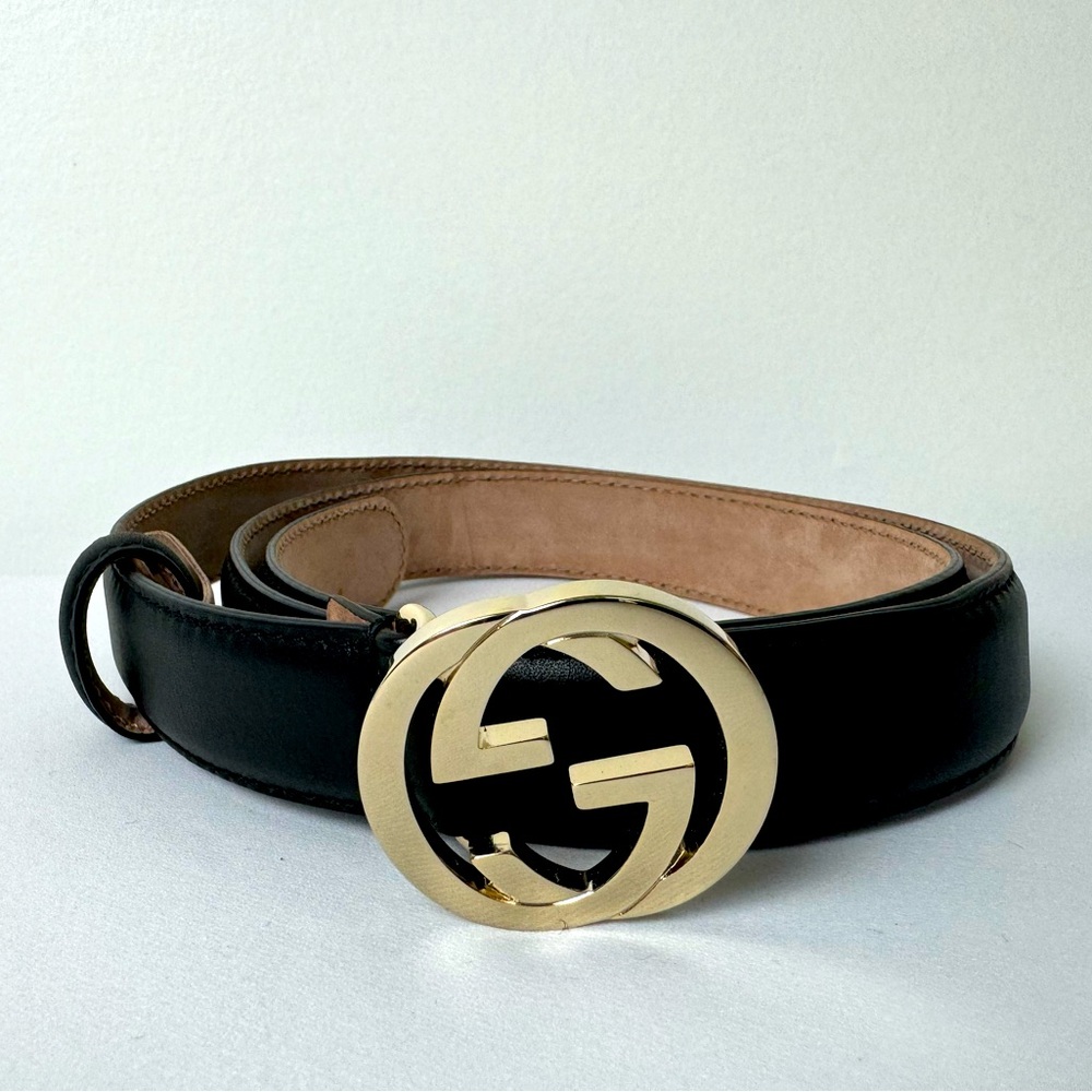 Iconic Gucci GG Marmont Black Leather Belt, Gold Hardware